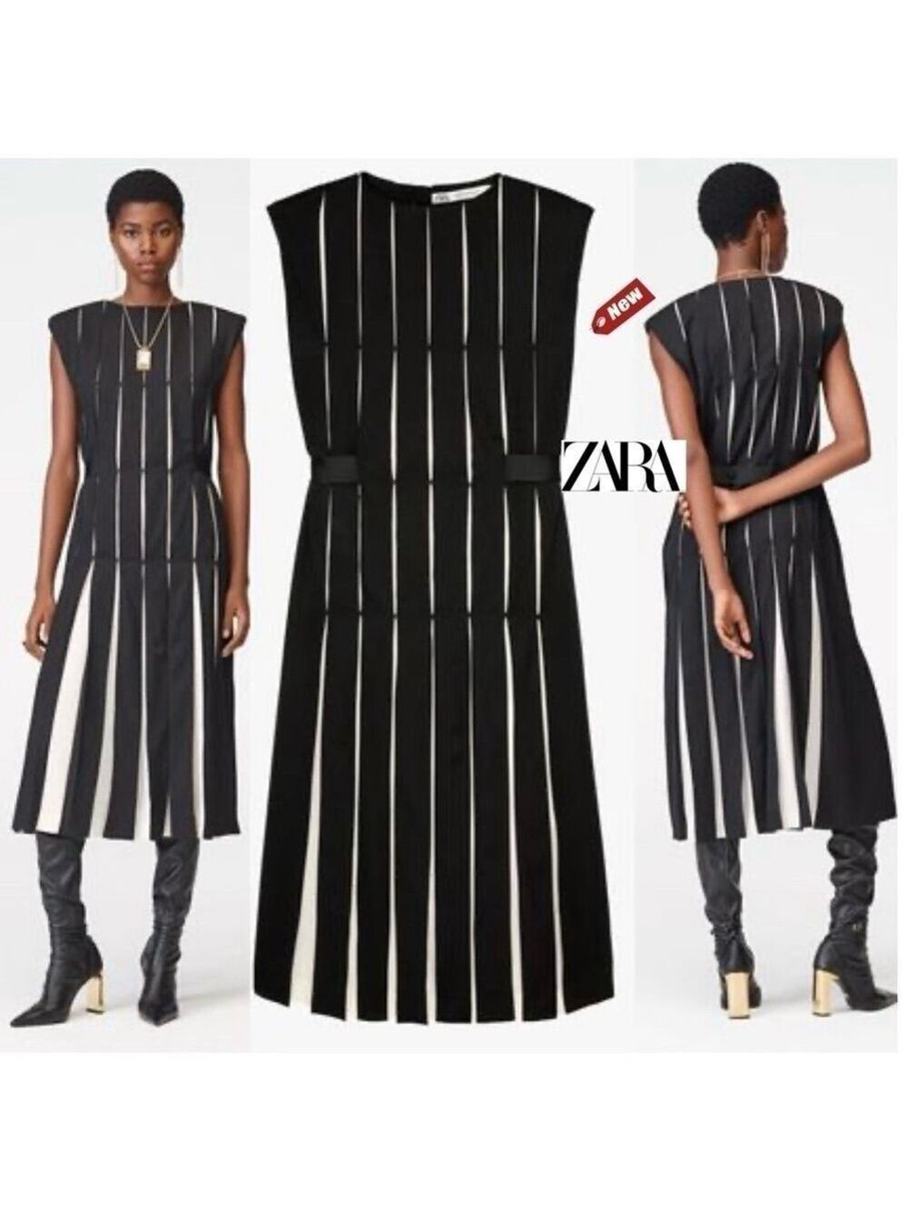ZARA BLACK WHITE WOOL BLEND BOX PLEAT DRESS SPECIAL LIMITED EDITION Sz M NWT